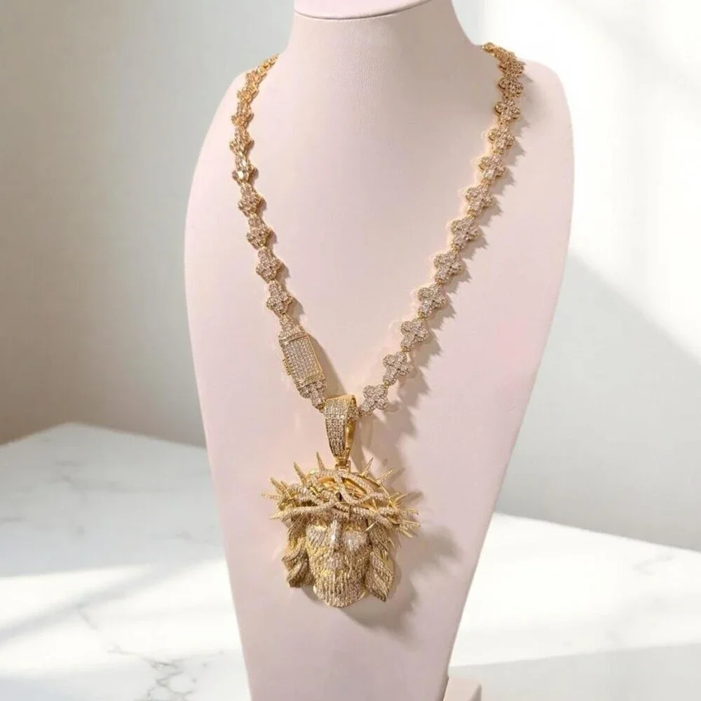 Gold Jesus Piece Pendant with cross tennis necklace 20inch